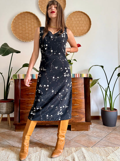 1990's vintage black maxi slip dress with white floral print