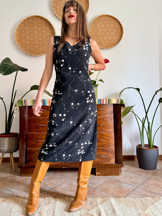 1990's vintage black maxi slip dress with white floral print