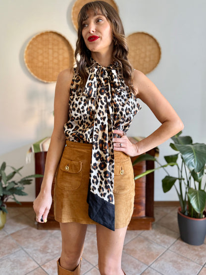 1990’s vintage black and tan leopard print bow tie/ card blouse