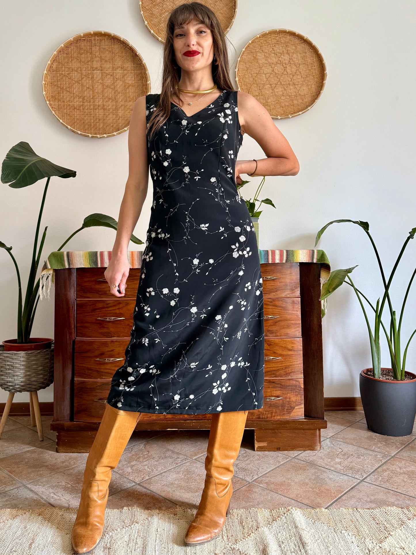 1990's vintage black maxi slip dress with white floral print