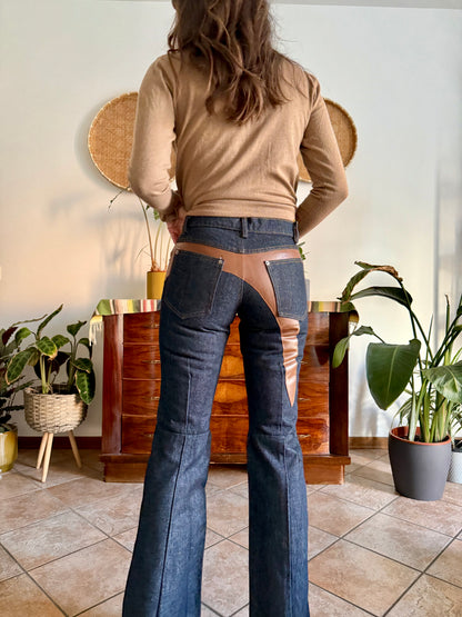 1990's vintage dark blue belle bottom jeans with tan faux leather panels