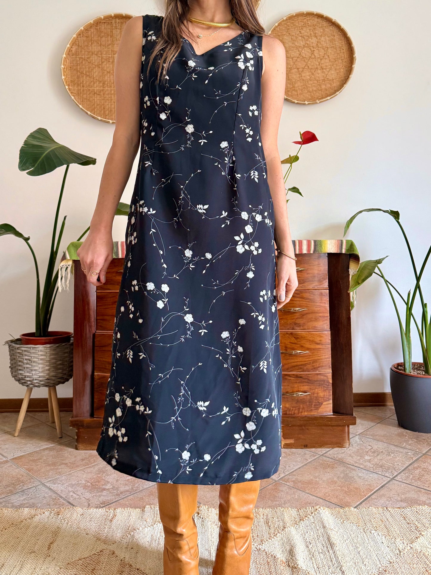 1990's vintage black maxi slip dress with white floral print