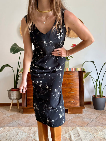 1990's vintage black maxi slip dress with white floral print