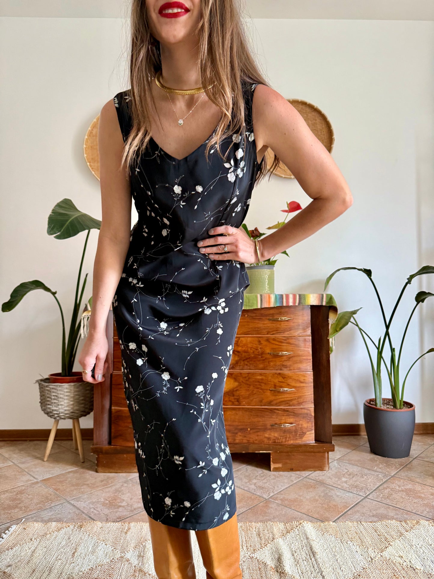 1990's vintage black maxi slip dress with white floral print