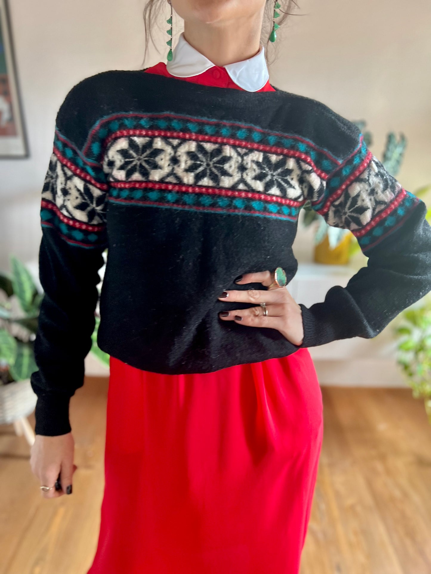 1970's vintage black and red snowflake knit pullover