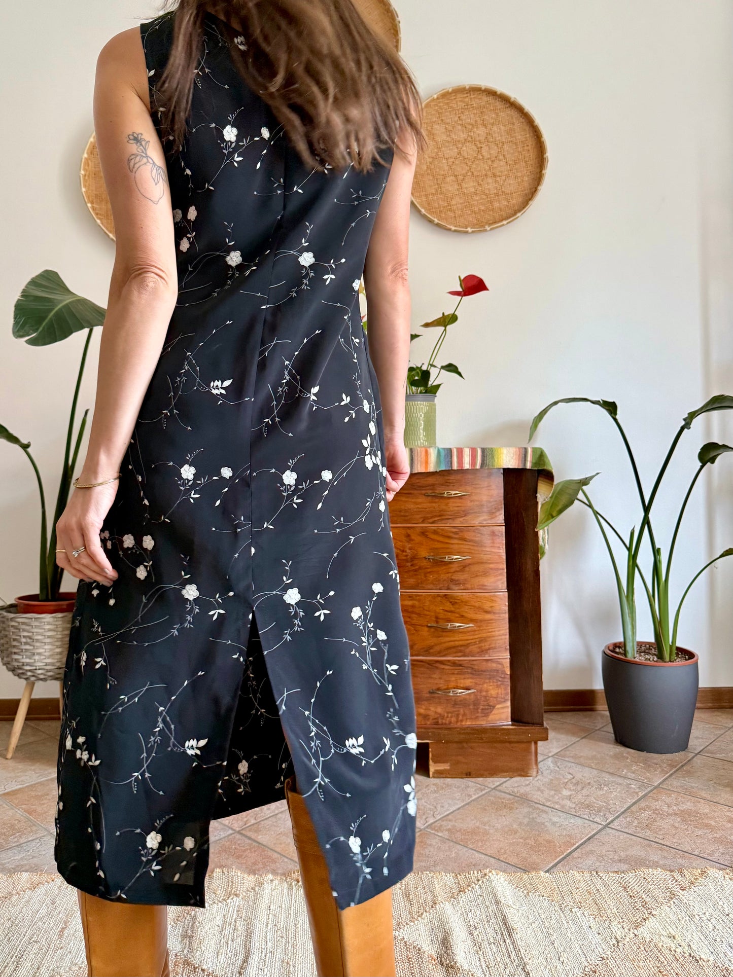 1990's vintage black maxi slip dress with white floral print