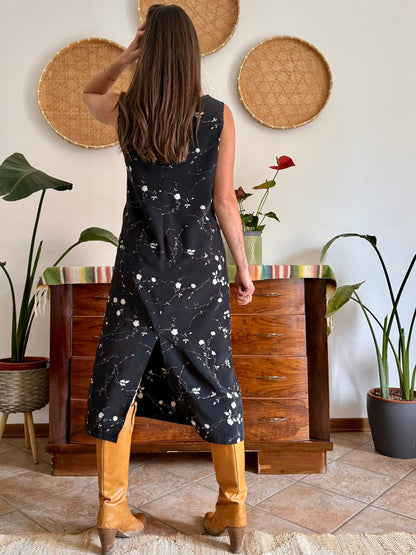 1990's vintage black maxi slip dress with white floral print