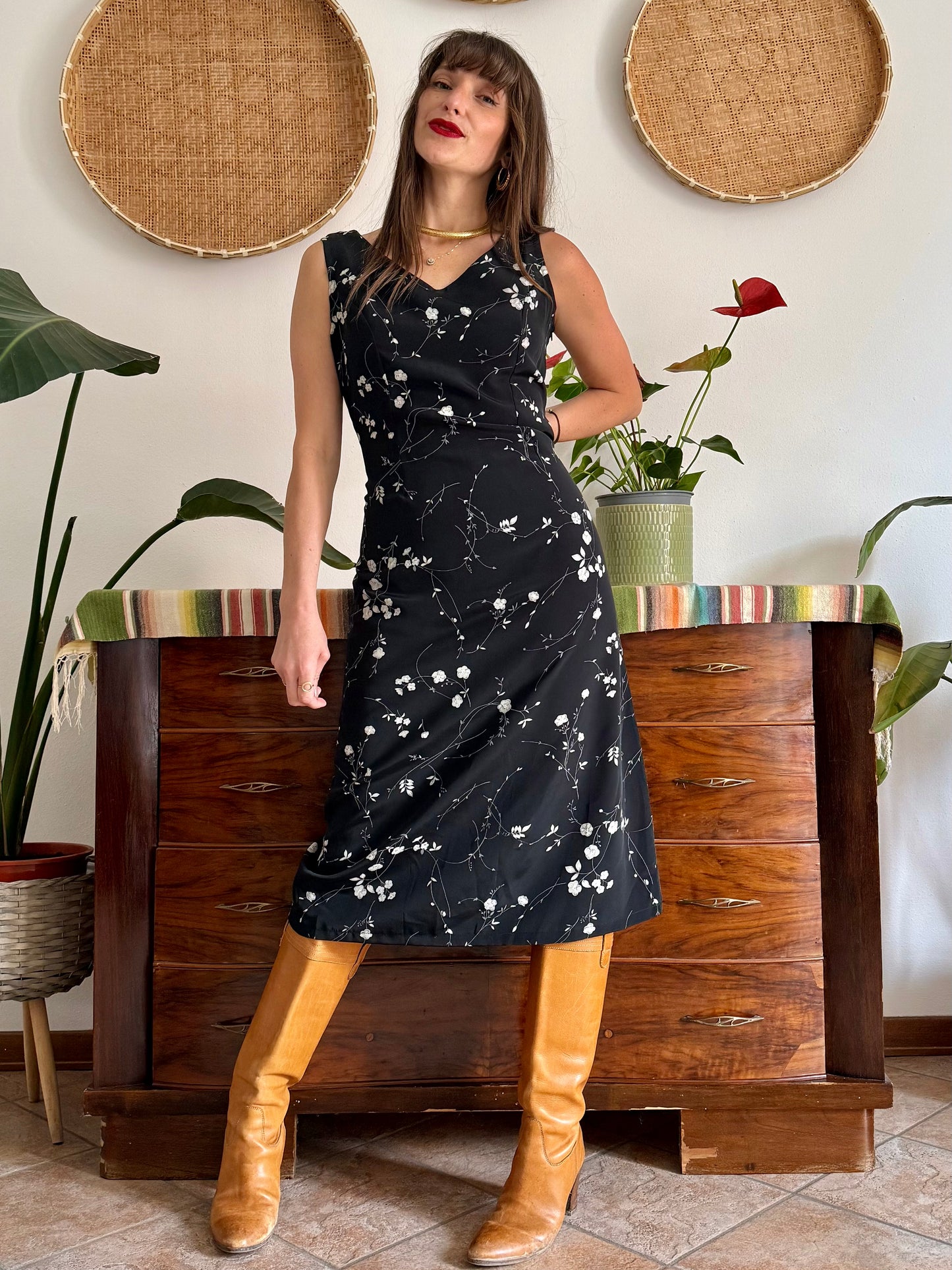 1990's vintage black maxi slip dress with white floral print