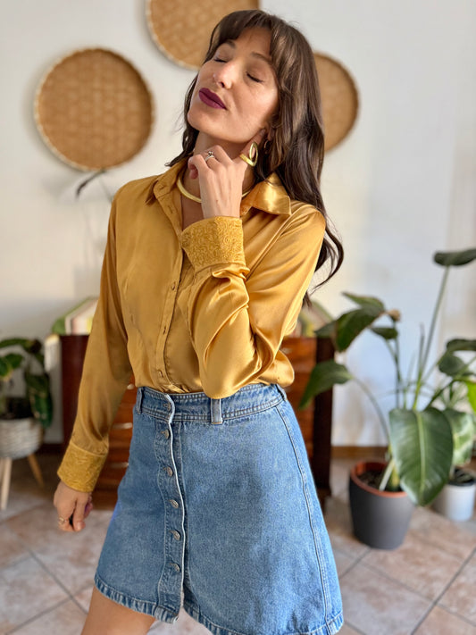 1990's vintage mustard yellow satin blouse with floral embroidered sleeves