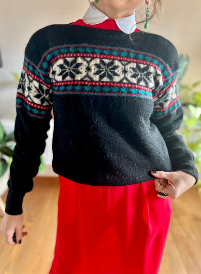 1970's vintage black and red snowflake knit pullover