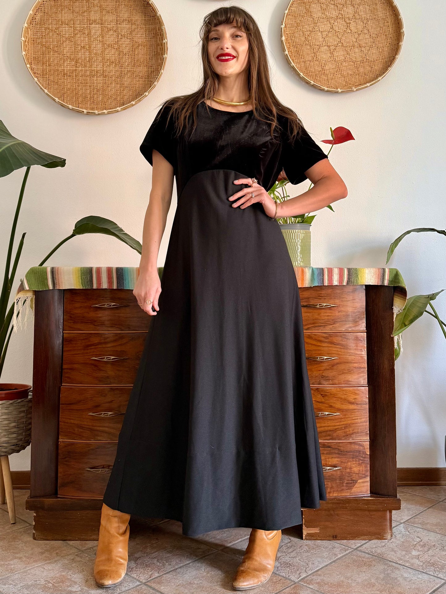 1990's vintage black velvet maxi dress