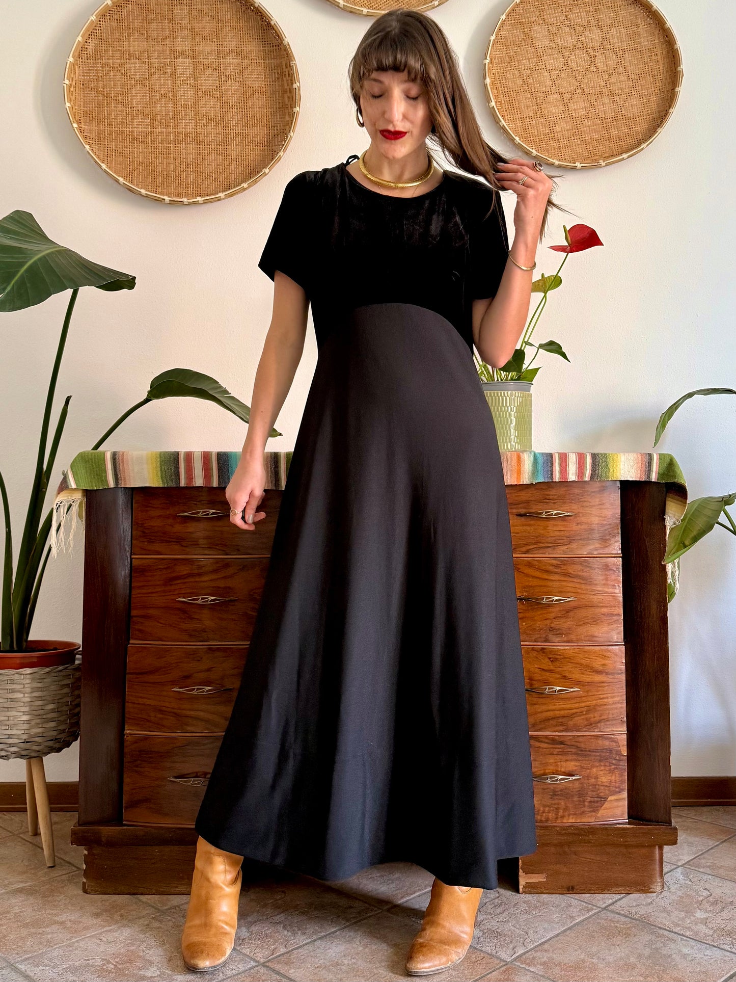 1990's vintage black velvet maxi dress