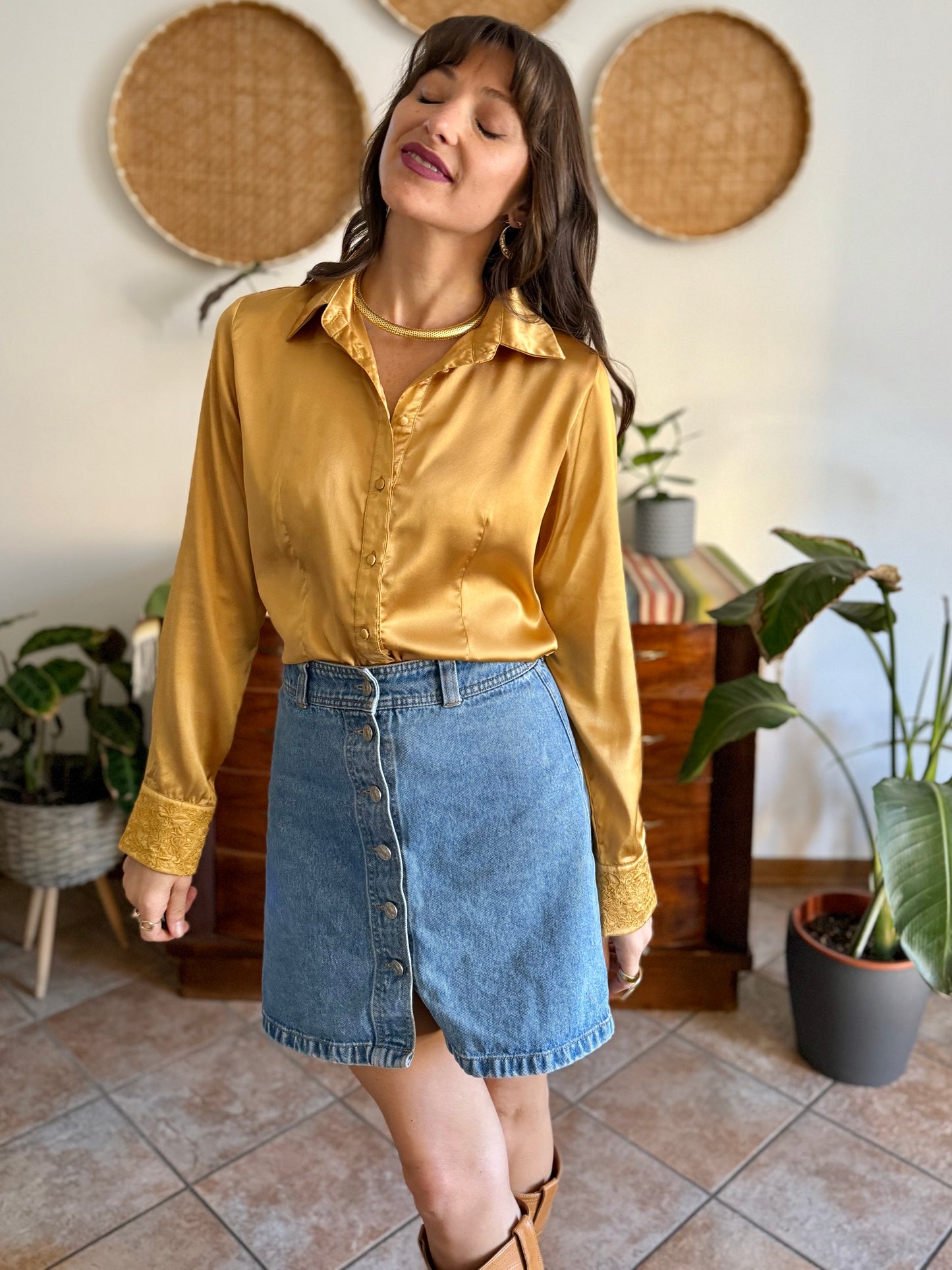 1990's vintage mustard yellow satin blouse with floral embroidered sleeves