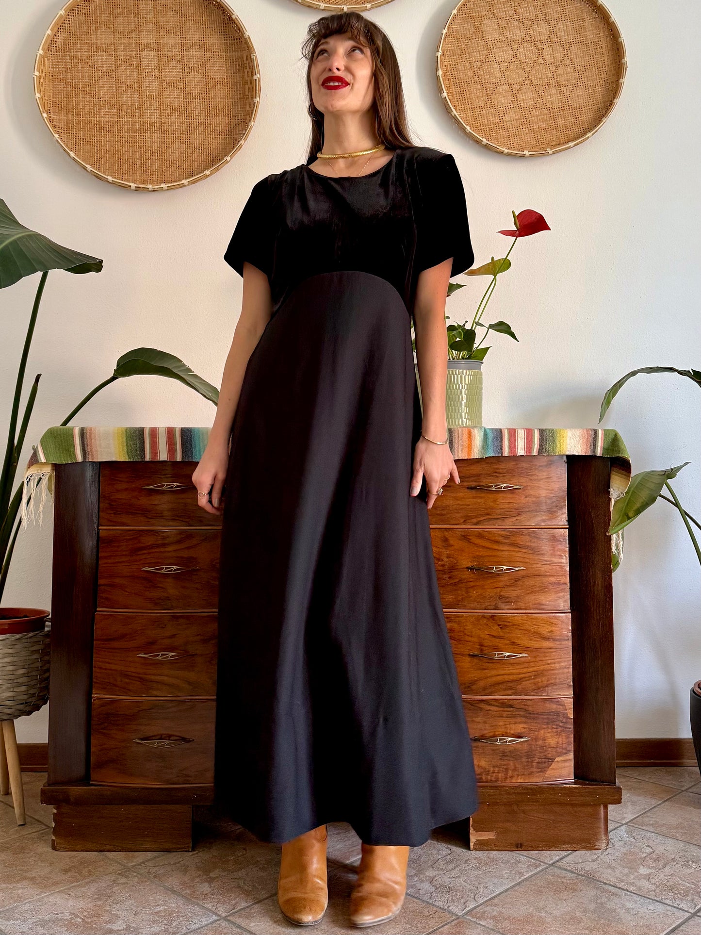 1990's vintage black velvet maxi dress