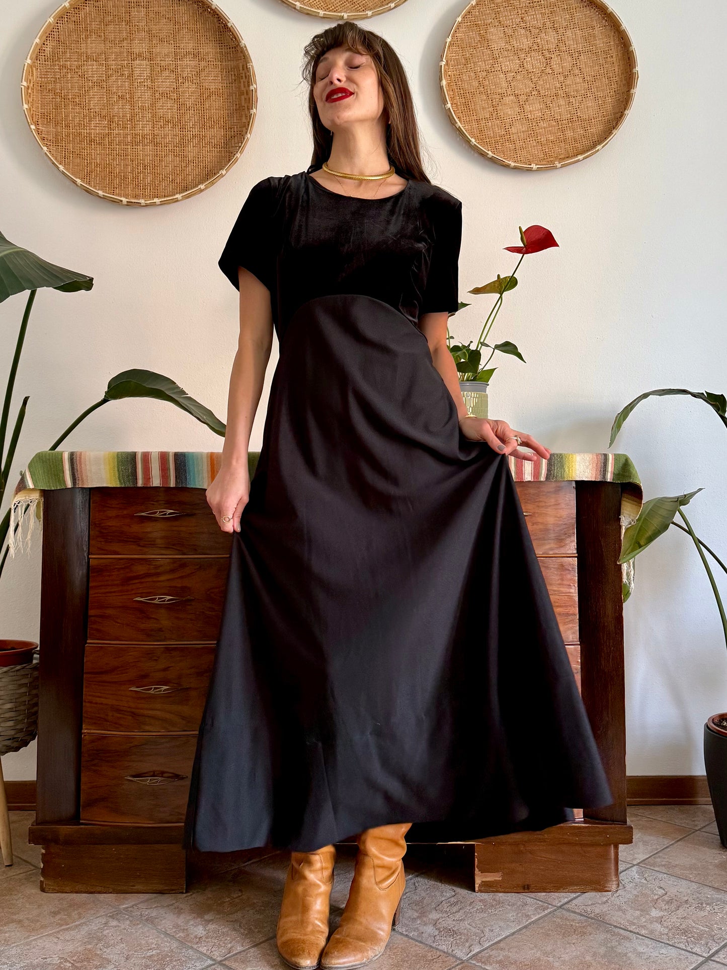 1990's vintage black velvet maxi dress
