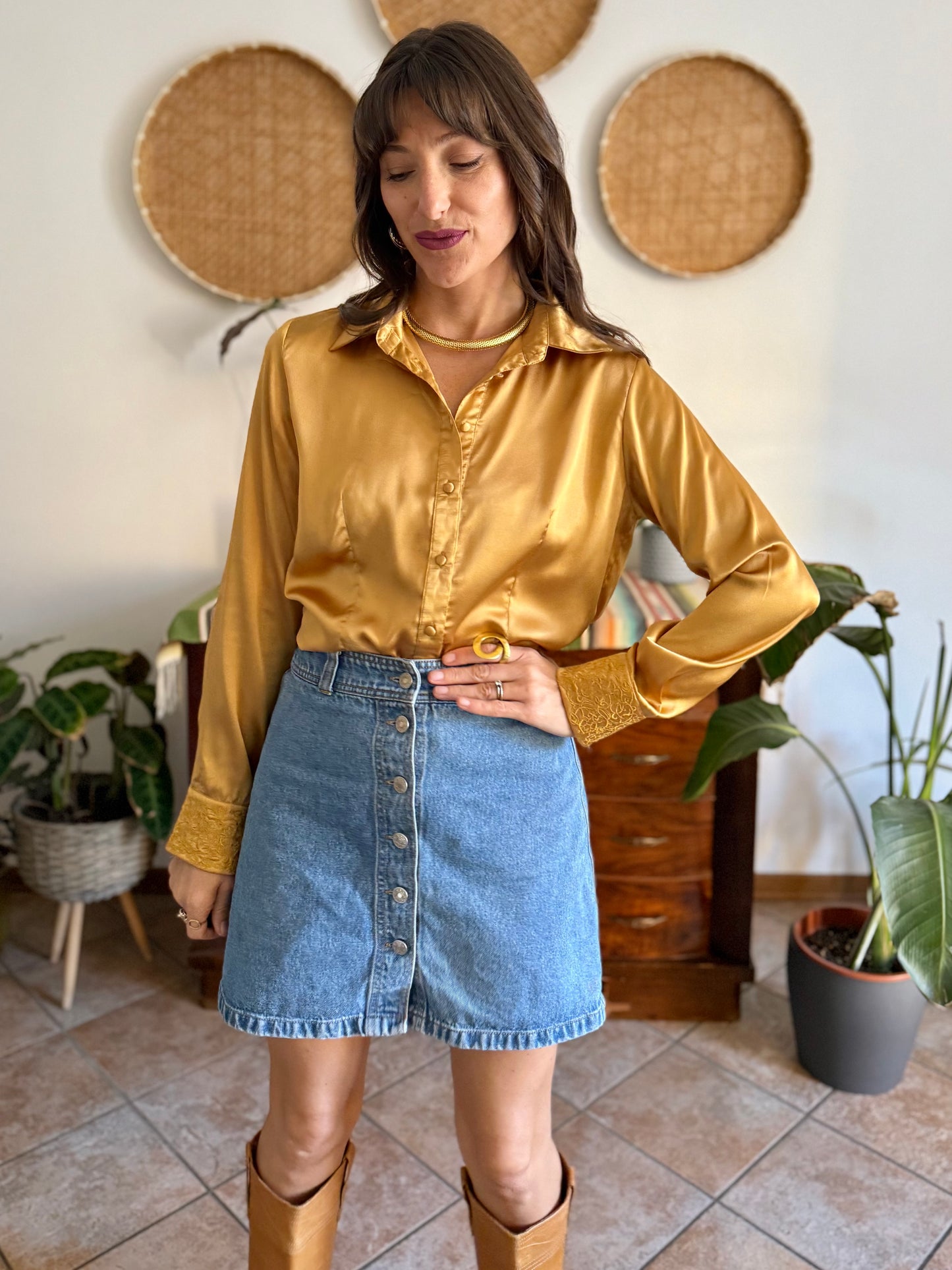 1990's vintage mustard yellow satin blouse with floral embroidered sleeves