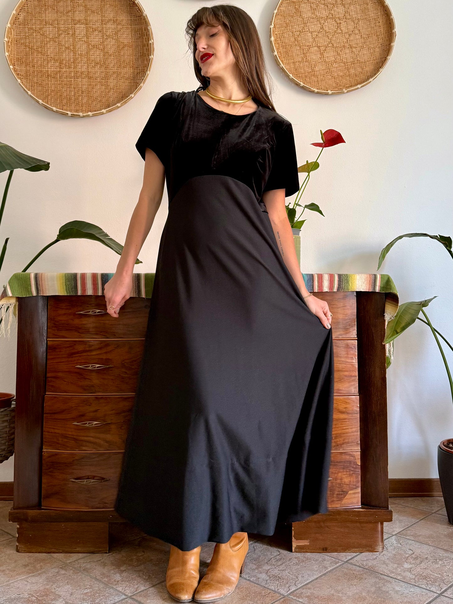 1990's vintage black velvet maxi dress