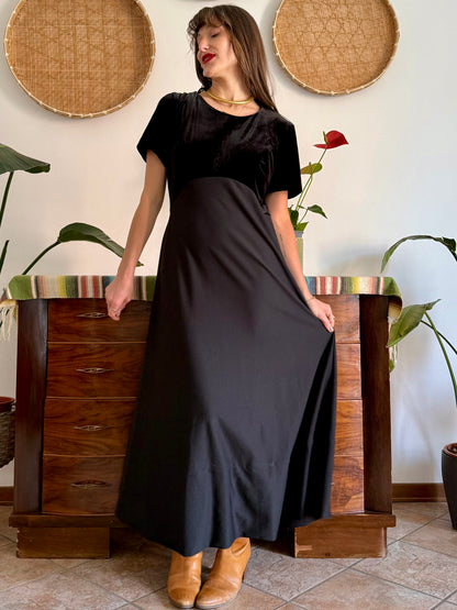 1990's vintage black velvet maxi dress