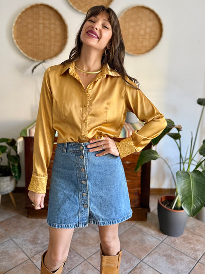 1990's vintage mustard yellow satin blouse with floral embroidered sleeves
