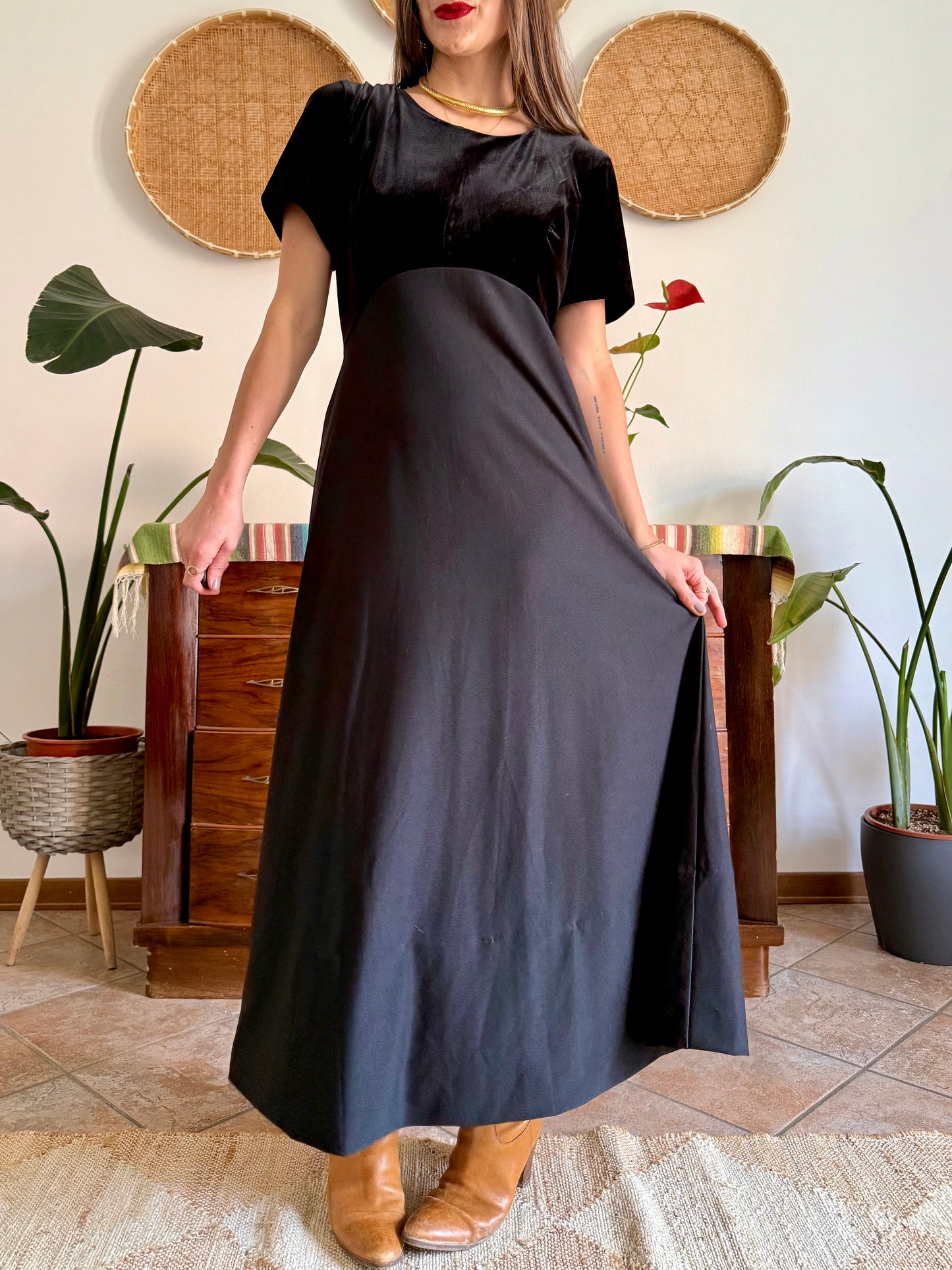 1990's vintage black velvet maxi dress