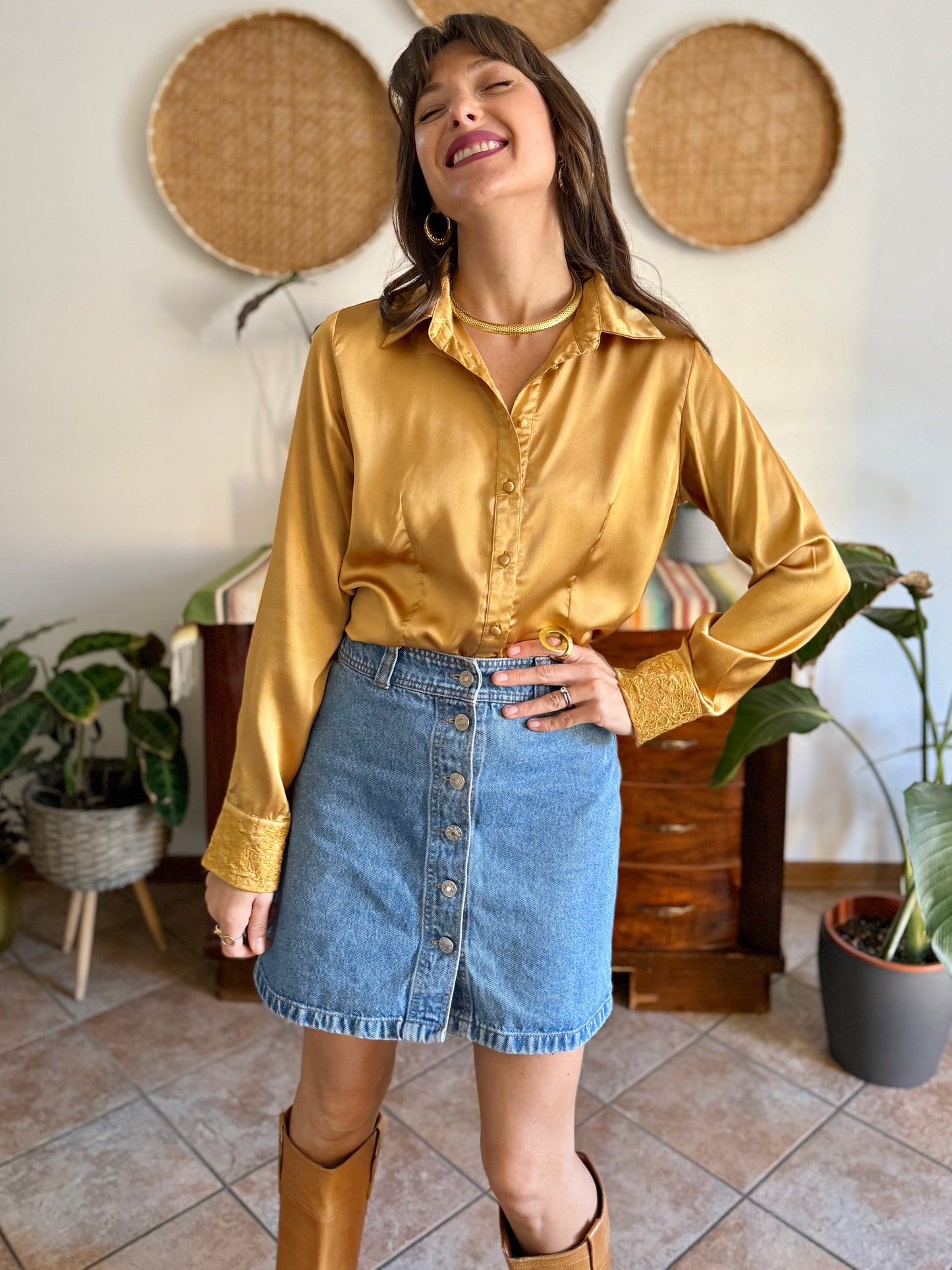1990's vintage mustard yellow satin blouse with floral embroidered sleeves