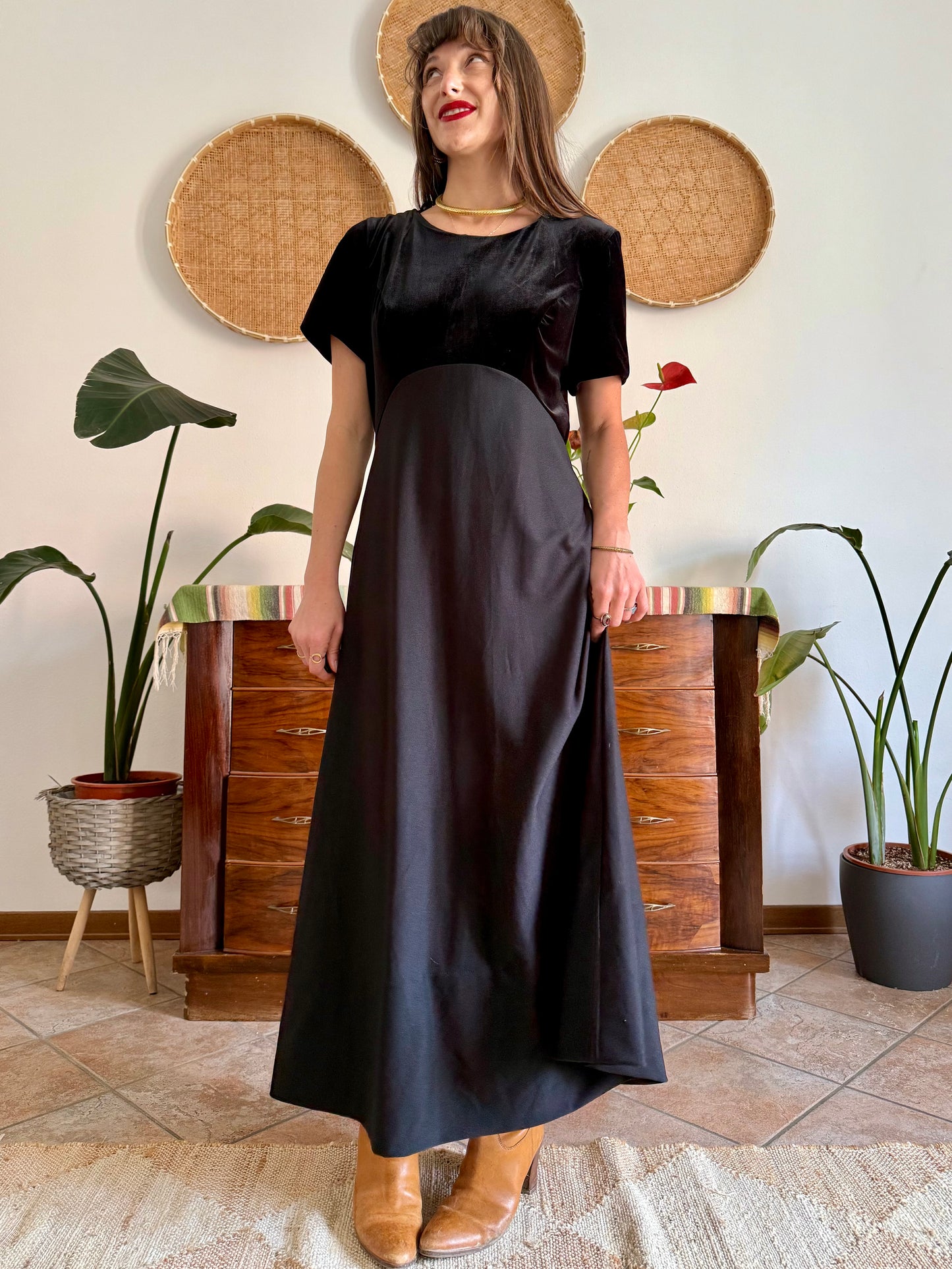 1990's vintage black velvet maxi dress