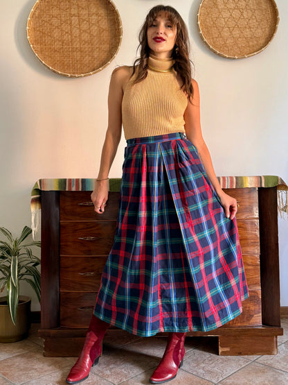 1990's vintage red, green and navy plaid maxi skirt