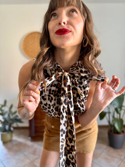 1990’s vintage black and tan leopard print bow tie/ card blouse