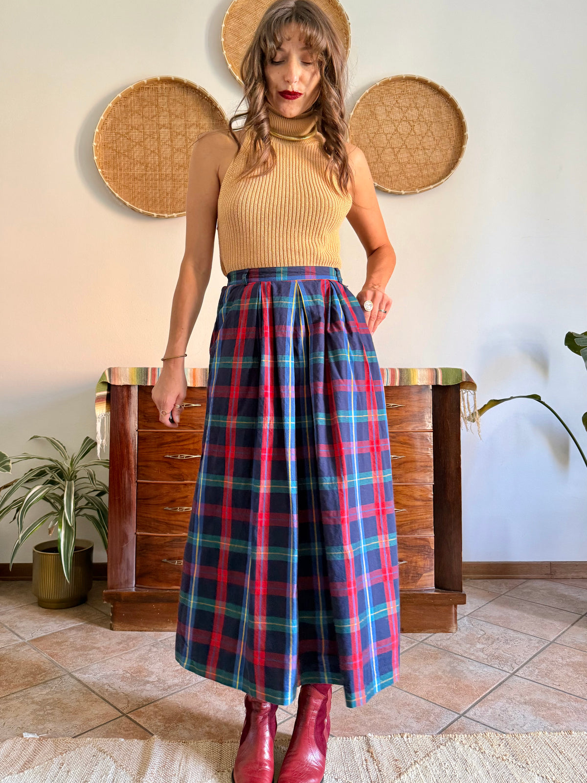 1990's vintage red, green and navy plaid maxi skirt