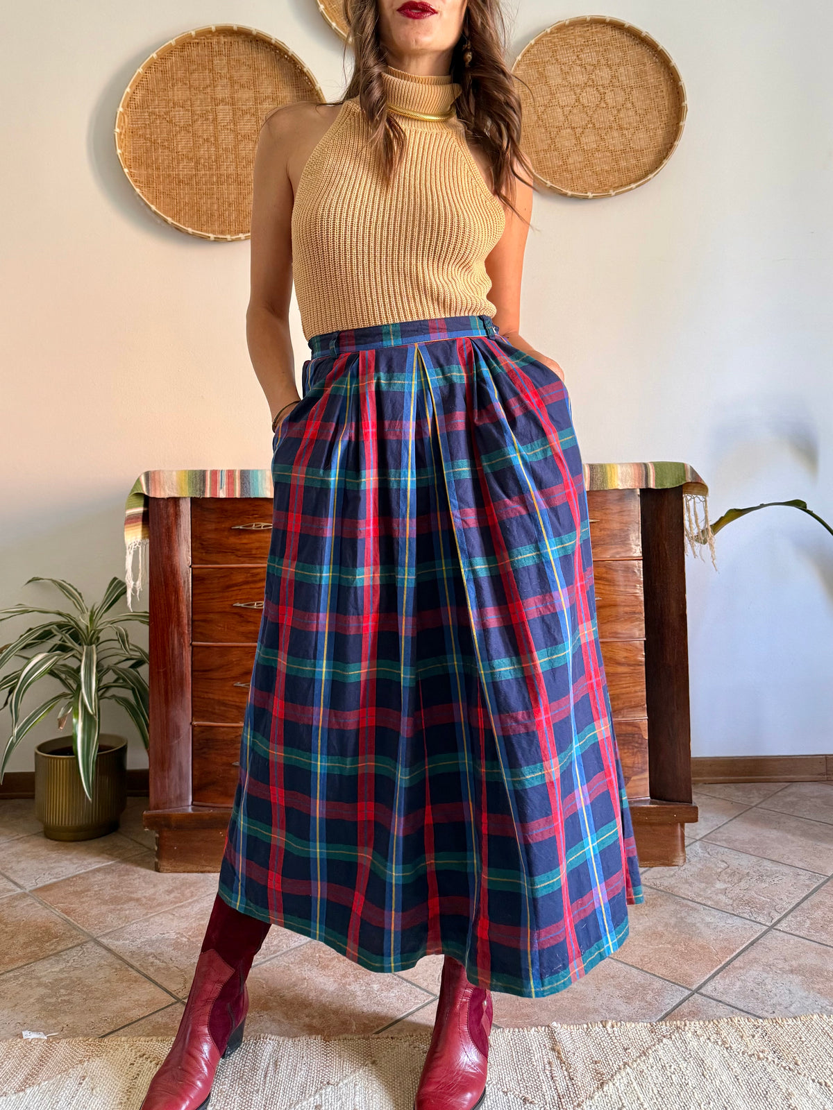 1990's vintage red, green and navy plaid maxi skirt