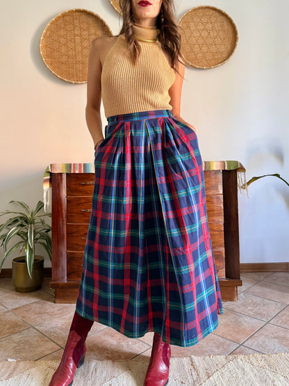 1990's vintage red, green and navy plaid maxi skirt