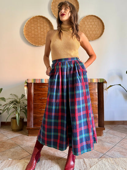 1990's vintage red, green and navy plaid maxi skirt