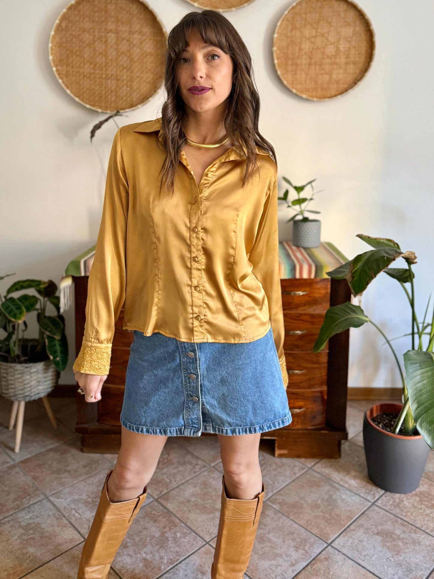 1990's vintage mustard yellow satin blouse with floral embroidered sleeves