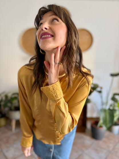 1990's vintage mustard yellow satin blouse with floral embroidered sleeves