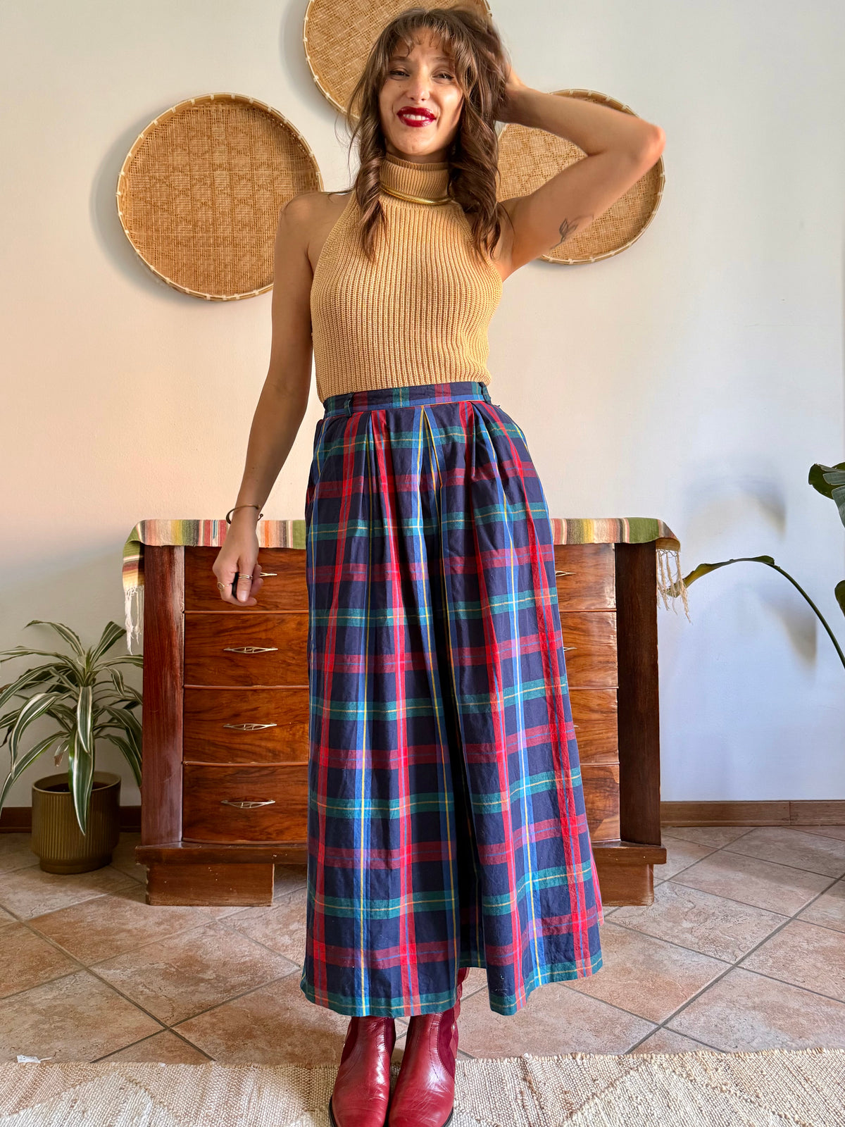 1990's vintage red, green and navy plaid maxi skirt