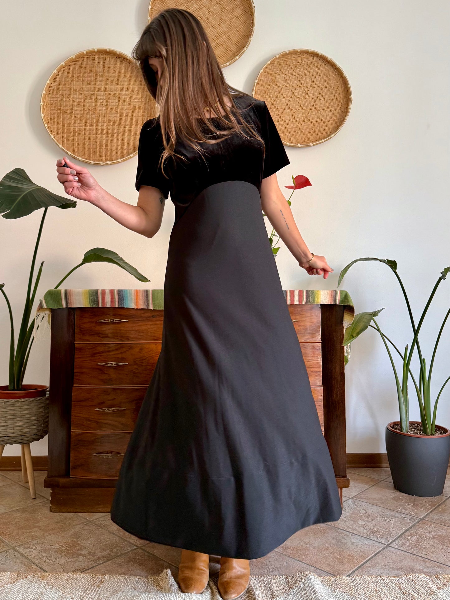1990's vintage black velvet maxi dress