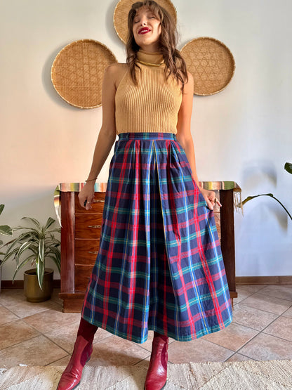 1990's vintage red, green and navy plaid maxi skirt