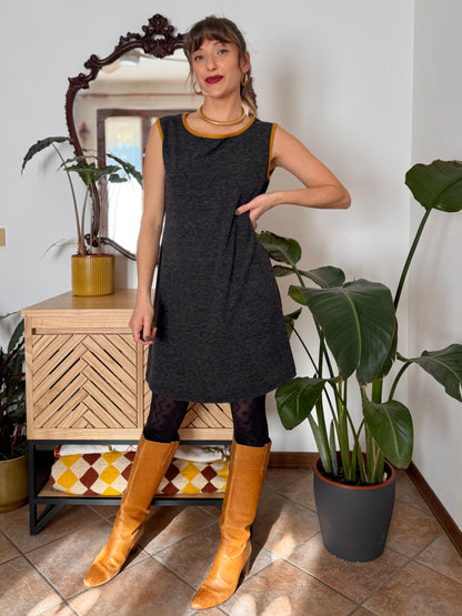 1970's vintage charcoal grey will knit mini dress with yellow trimming