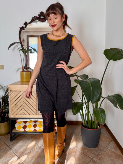 1970's vintage charcoal grey will knit mini dress with yellow trimming