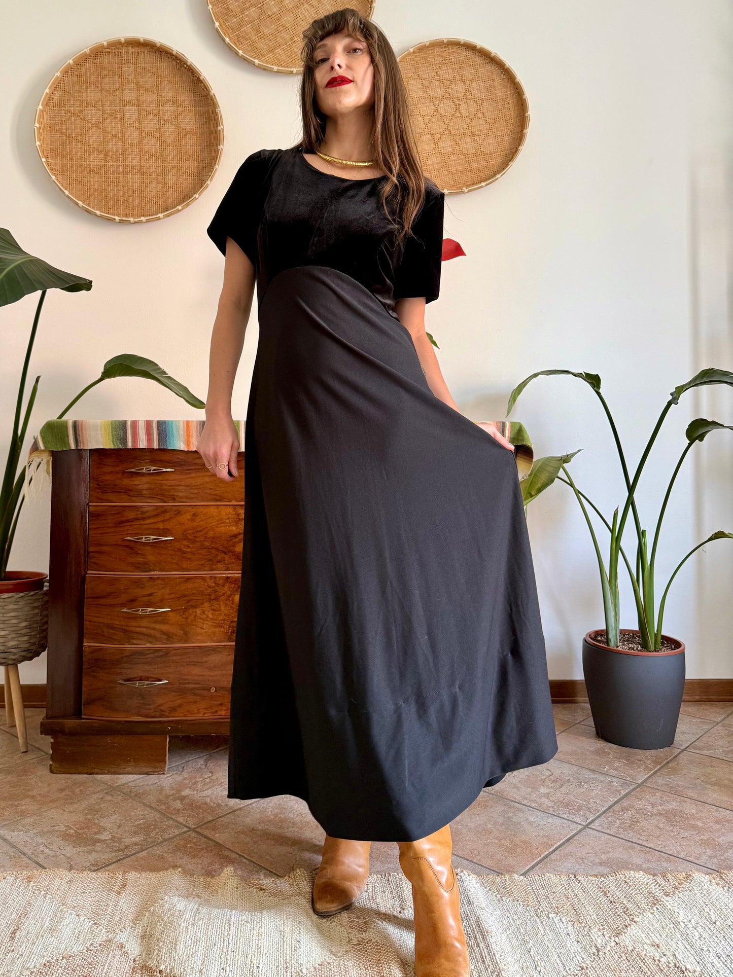 1990's vintage black velvet maxi dress