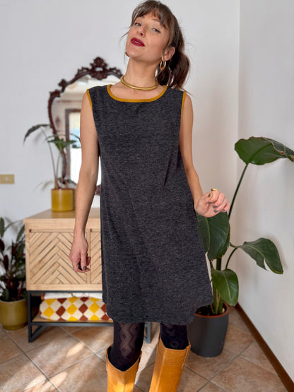 1970's vintage charcoal grey will knit mini dress with yellow trimming