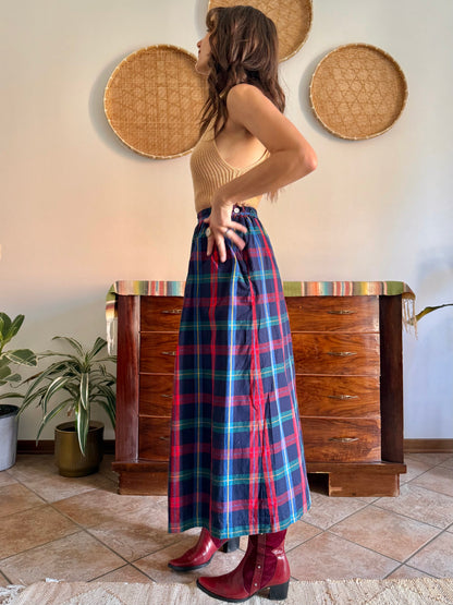 1990's vintage red, green and navy plaid maxi skirt