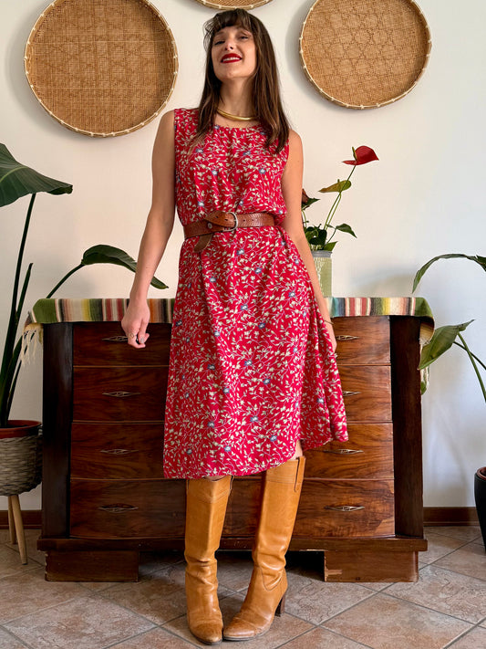 1990's vintage red midi dress with white and blue floral print