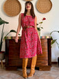 1990's vintage red midi dress with white and blue floral print