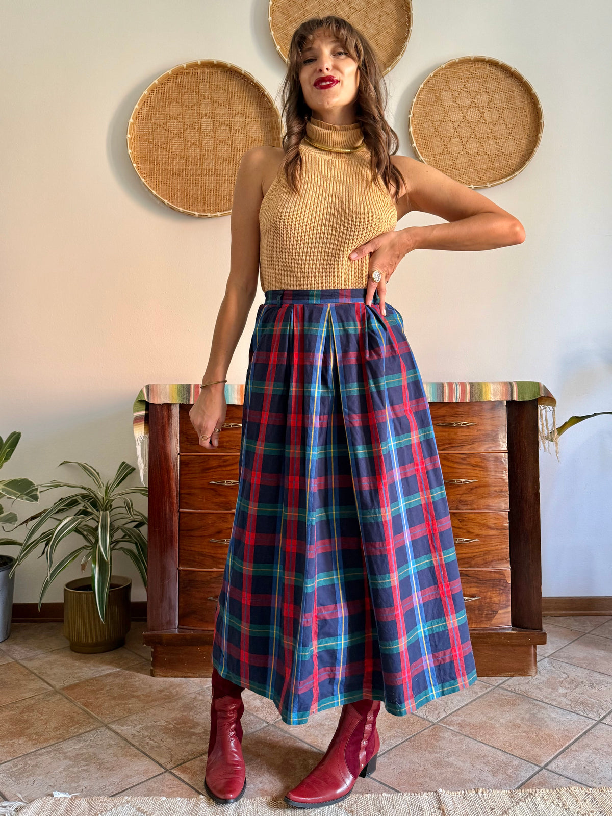 1990's vintage red, green and navy plaid maxi skirt