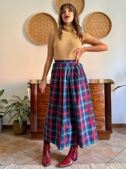 1990's vintage red, green and navy plaid maxi skirt