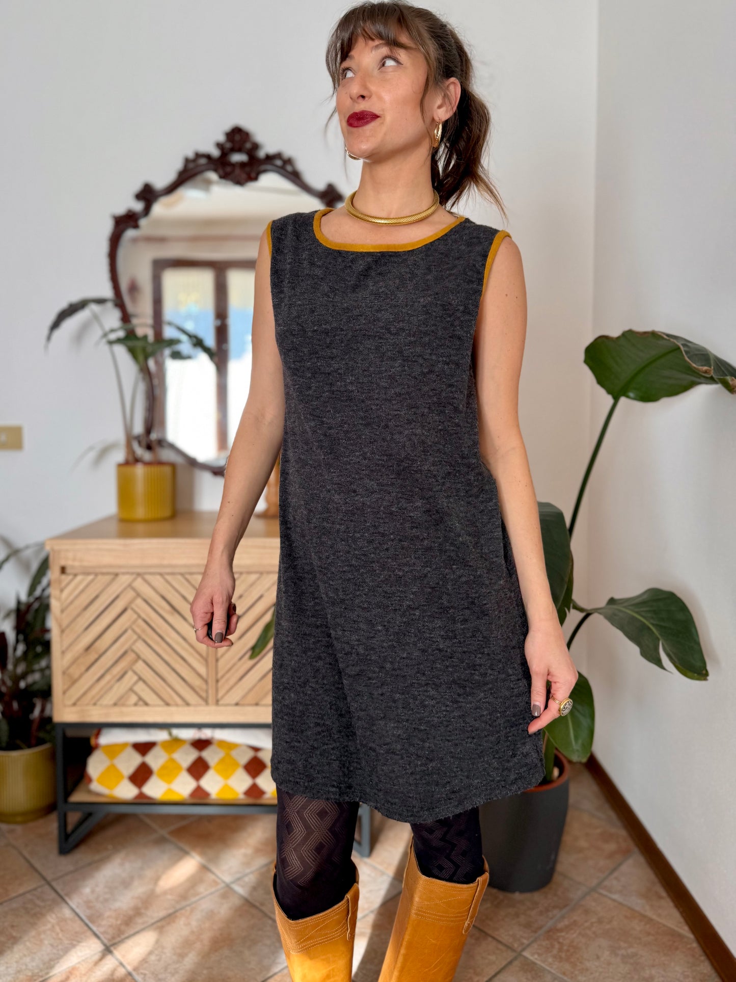 1970's vintage charcoal grey will knit mini dress with yellow trimming