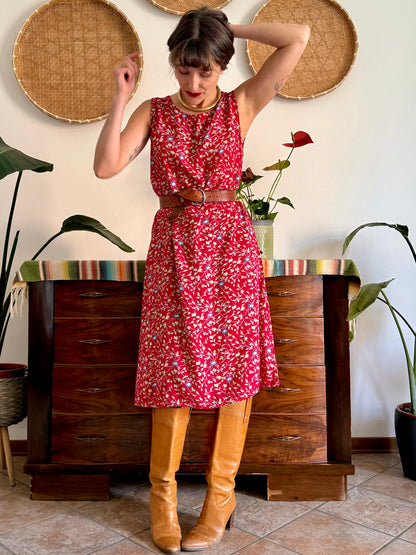 1990's vintage red midi dress with white and blue floral print