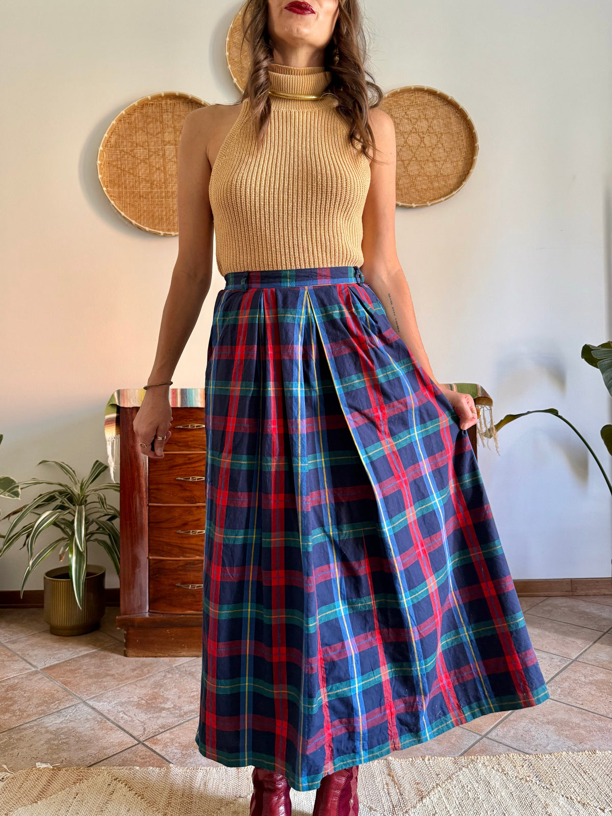 1990's vintage red, green and navy plaid maxi skirt
