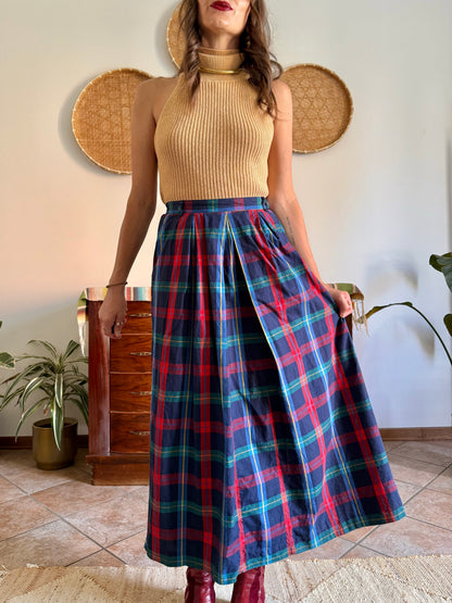 1990's vintage red, green and navy plaid maxi skirt